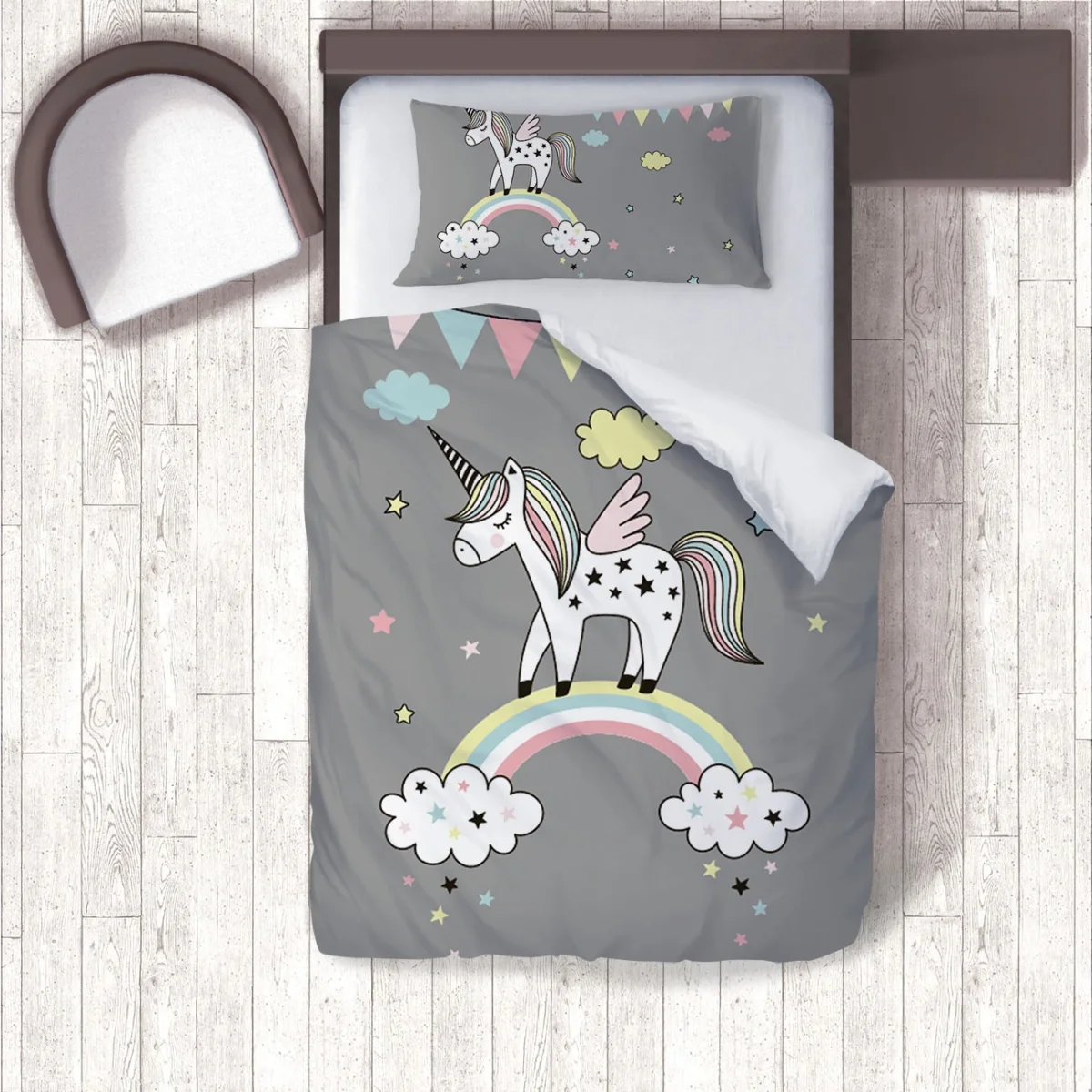 Unicorn Nevresim Takımı | Gri yıldız, bulut Desenli