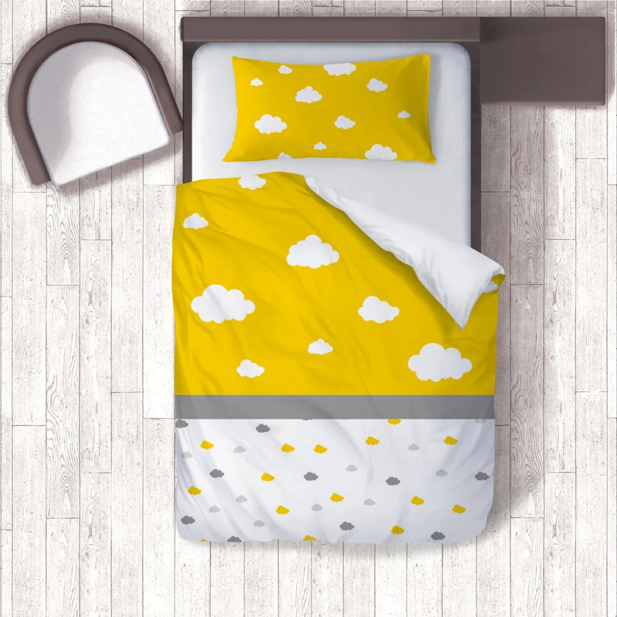 Bulutlar Nevresim Takımı | Sarı beyaz ve gri bulutlar Desenli