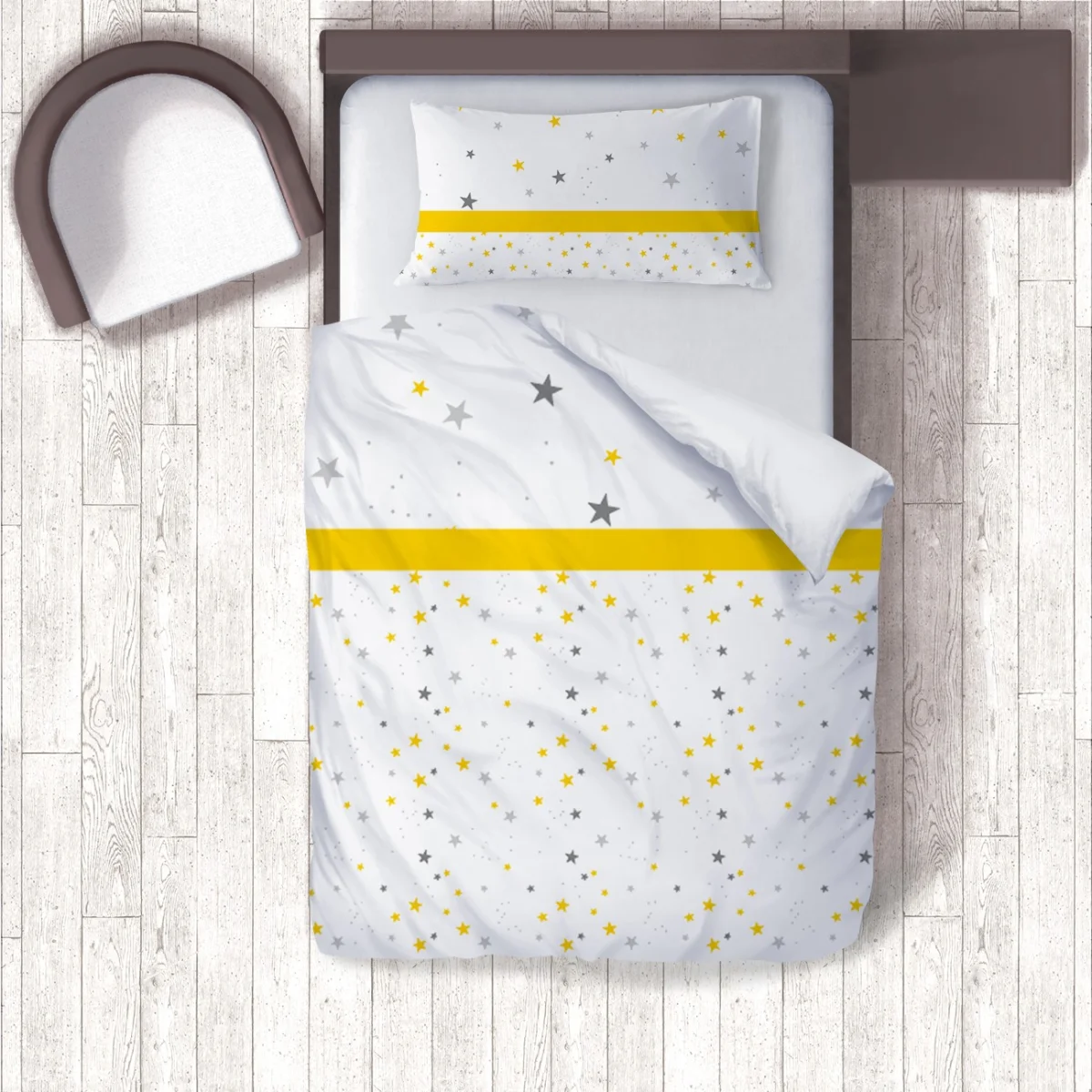 Yıldızlar Nevresim Takımı | Beyaz sarı ve gri yıldızlar, puantiye Desenli