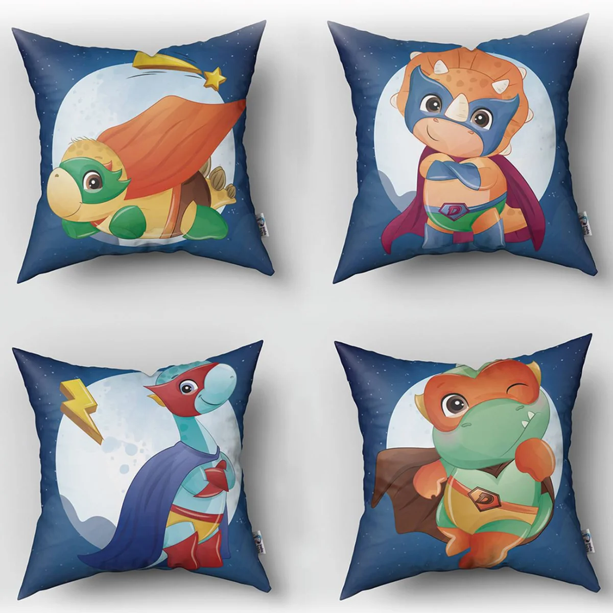 Süper Kahraman Dinozorlar 4lü Kırlent | Mavi şehir silüetleri, ay Desenli