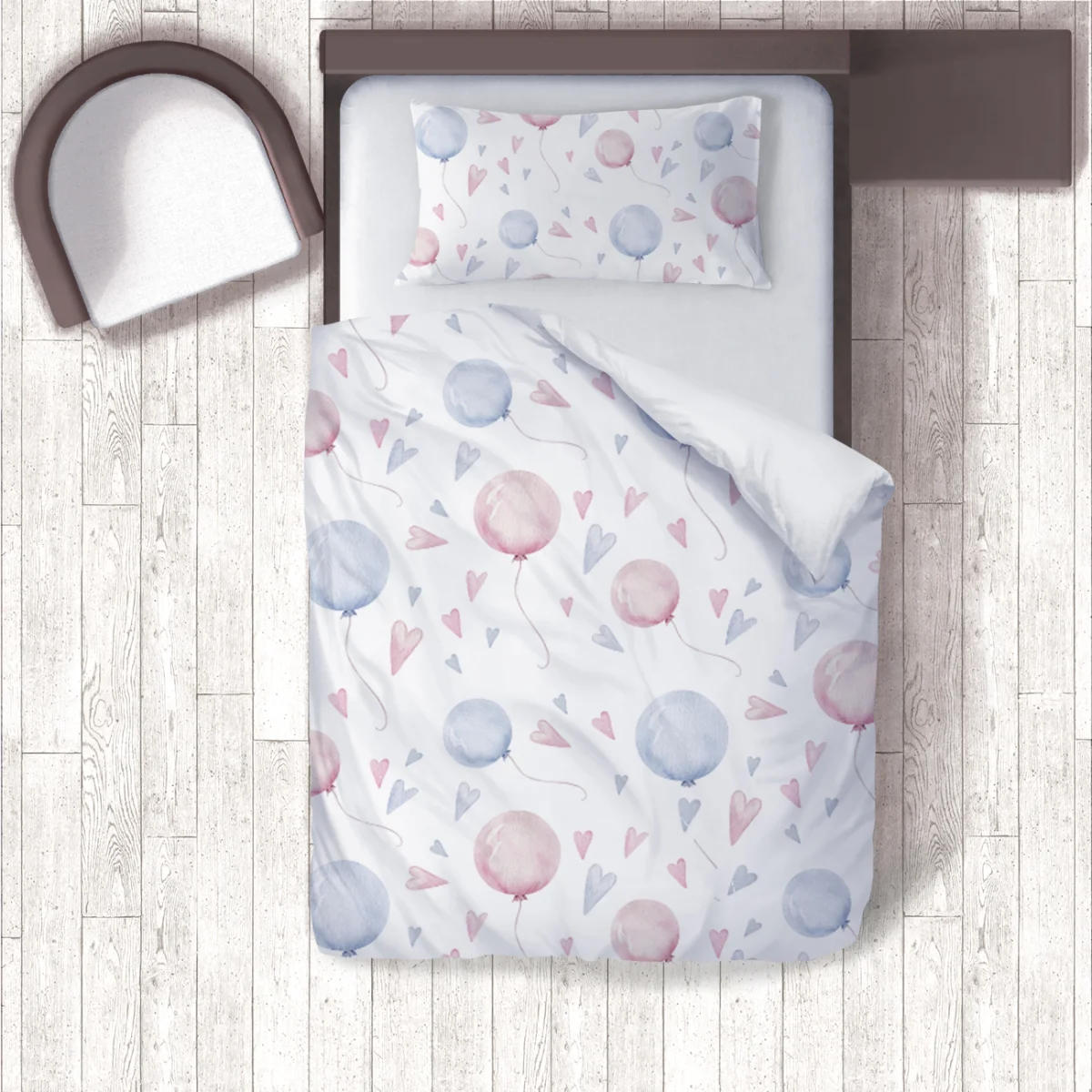 Balonlar ve Kalpler Nevresim Takımı | Beyaz Pembe ve mavi balonlar, pembe ve mavi kalpler Desenli