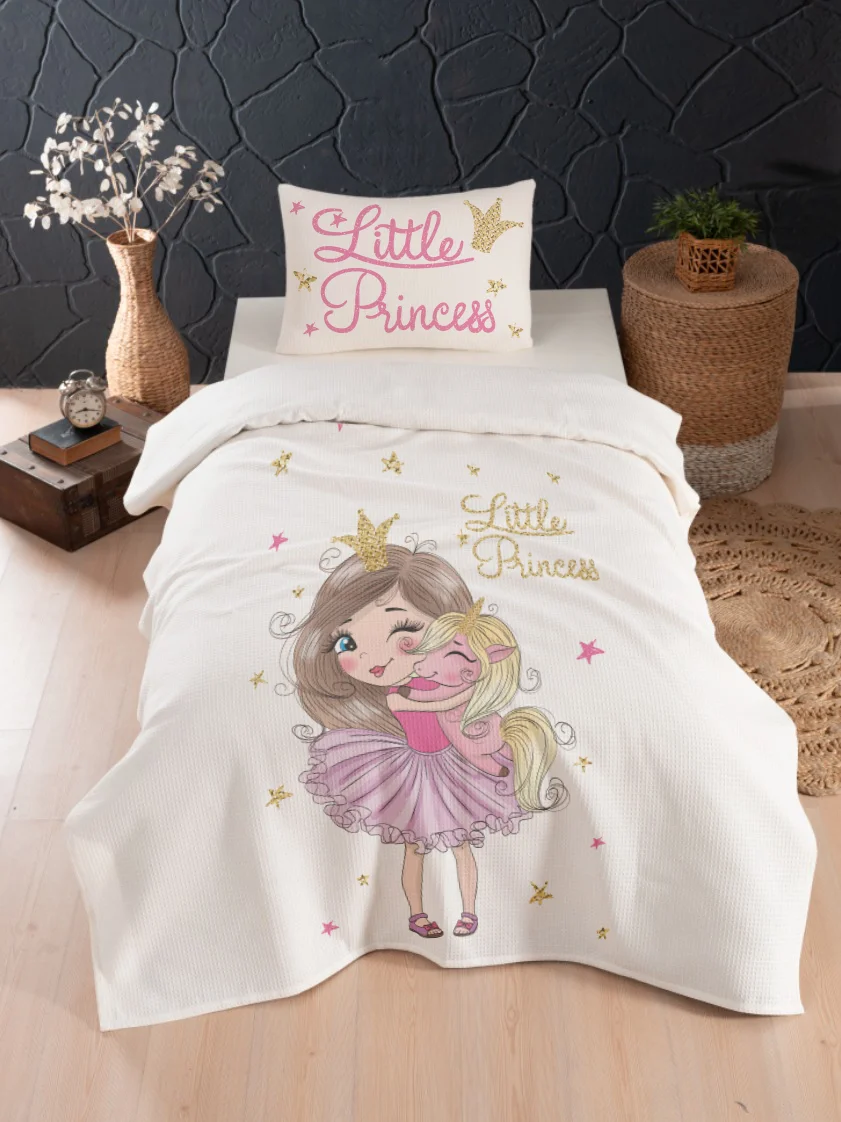 Prenses ve Unicorn Pike Örtü | Beyaz yıldızlar, taçlar Desenli
