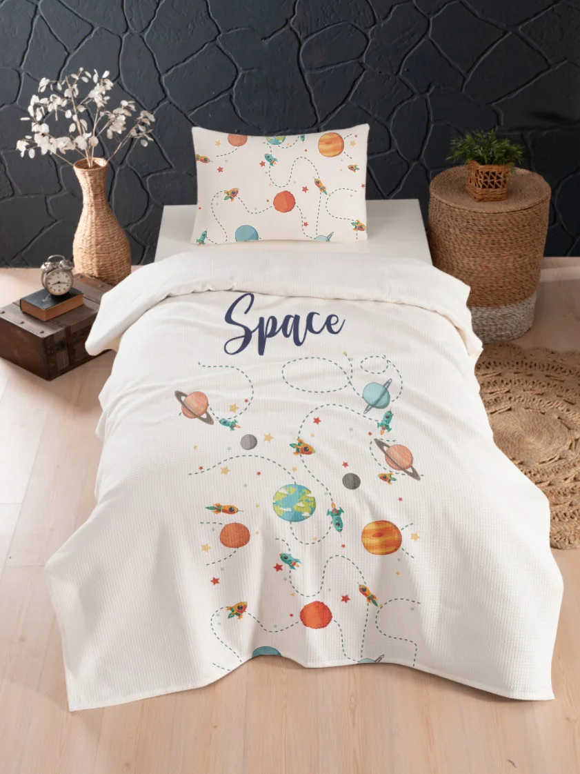 Uzay Pike Örtü | Beyaz roketler, gezegenler Desenli