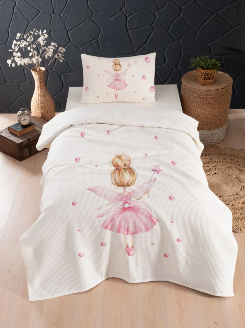 Peri Kız Pike Örtü | Beyaz pembe baloncuklar, sihirli yıldız Desenli