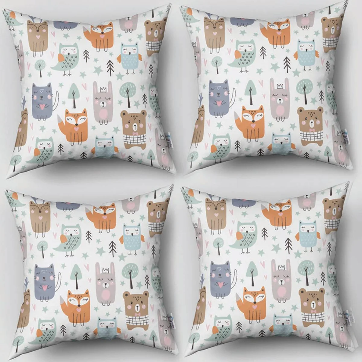 Orman Hayvanları 4lü Kırlent | Beyaz yıldız, ağaç Desenli