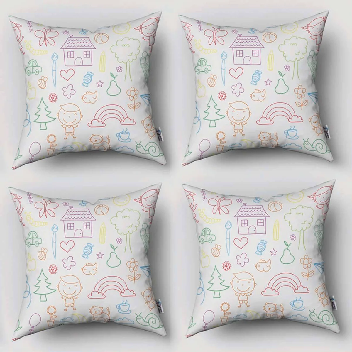 Çocuk Çizimleri 4lü Kırlent | Beyaz Gökkuşağı, hayvanlar Desenli