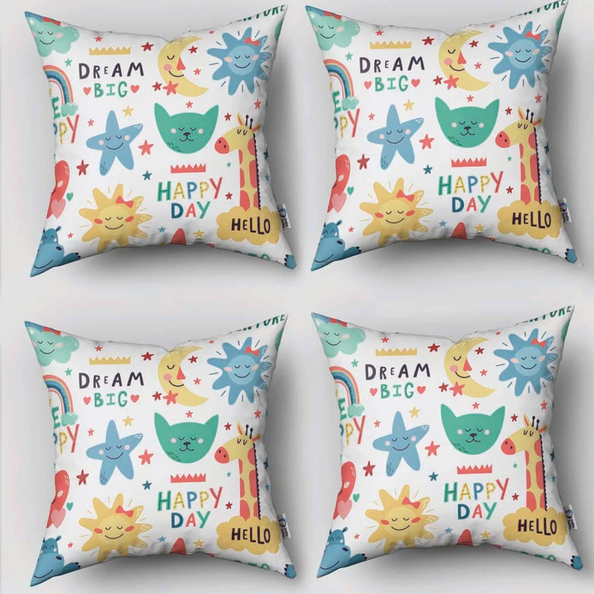 Sevimli Karakterler ve Doğa Öğeleri 4lü Kırlent | Beyaz yıldız, bulut Desenli