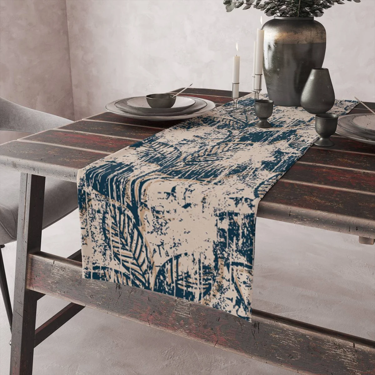 Yapraklar Runner Yolluk | Mavi Soyut, stilize yapraklar Desenli