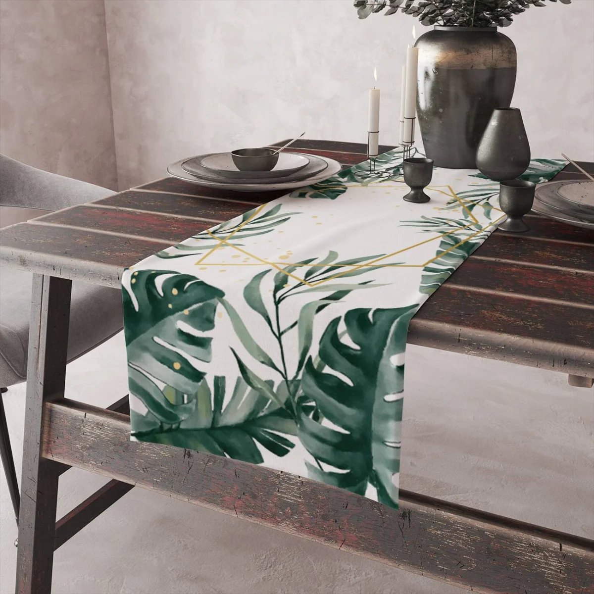 Tropikal Yapraklar Runner Yolluk | Beyaz Altın çizgiler, mermer desen Desenli