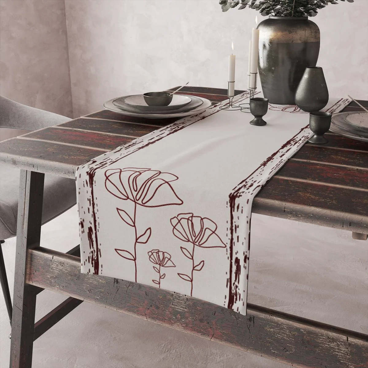 Soyut Çiçekler ve Odun Dokusu Runner Yolluk | Bordo soyut çiçekler, dikey çizgili doku Desenli