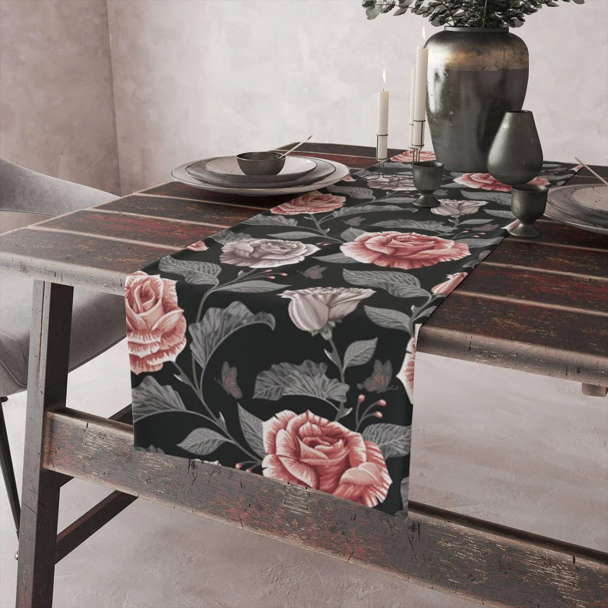 Çiçekli Runner Yolluk | Siyah Güller, yapraklar Desenli