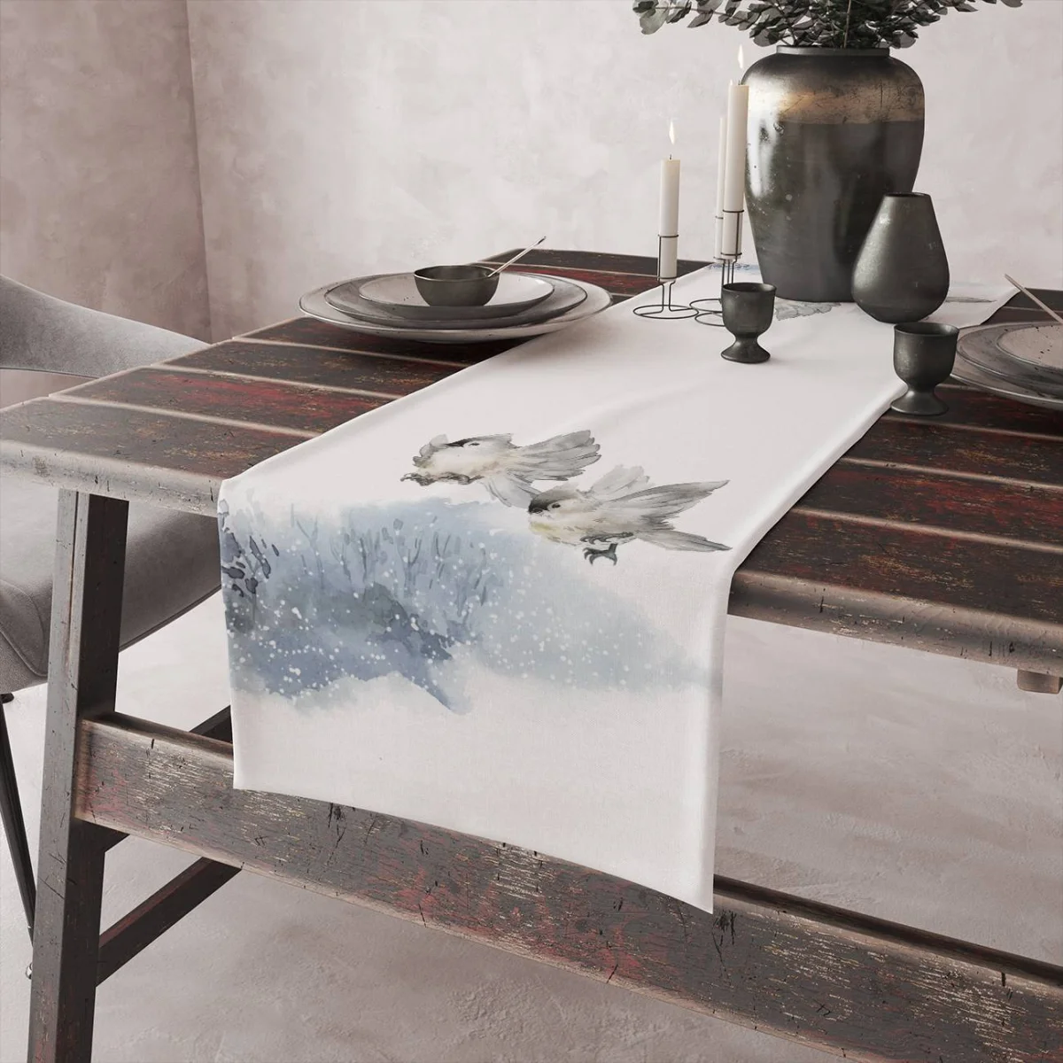 Kuşlar ve Kış Manzarası Runner Yolluk | Beyaz Çam ağaçları, kar Desenli