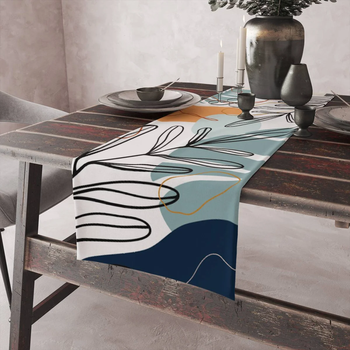 Soyut Tropikal Yapraklar Runner Yolluk | Çok Renkli Soyut şekiller, bitki yaprağı çizimleri Desenli