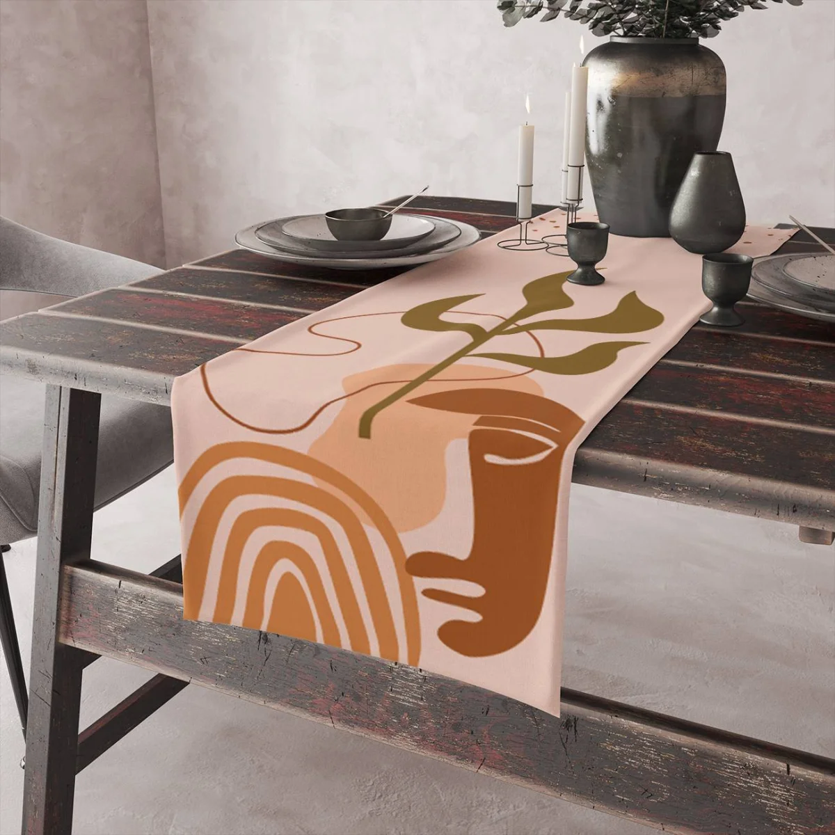 Etnik soyut kadın figürleri ve bitki motifleri Runner Yolluk | Pembe Soyut çizgiler, noktalar Des...