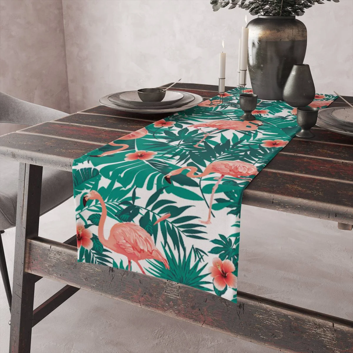 Flamingo Runner Yolluk | Pembe tropikal yapraklar, hibiskus çiçekleri Desenli