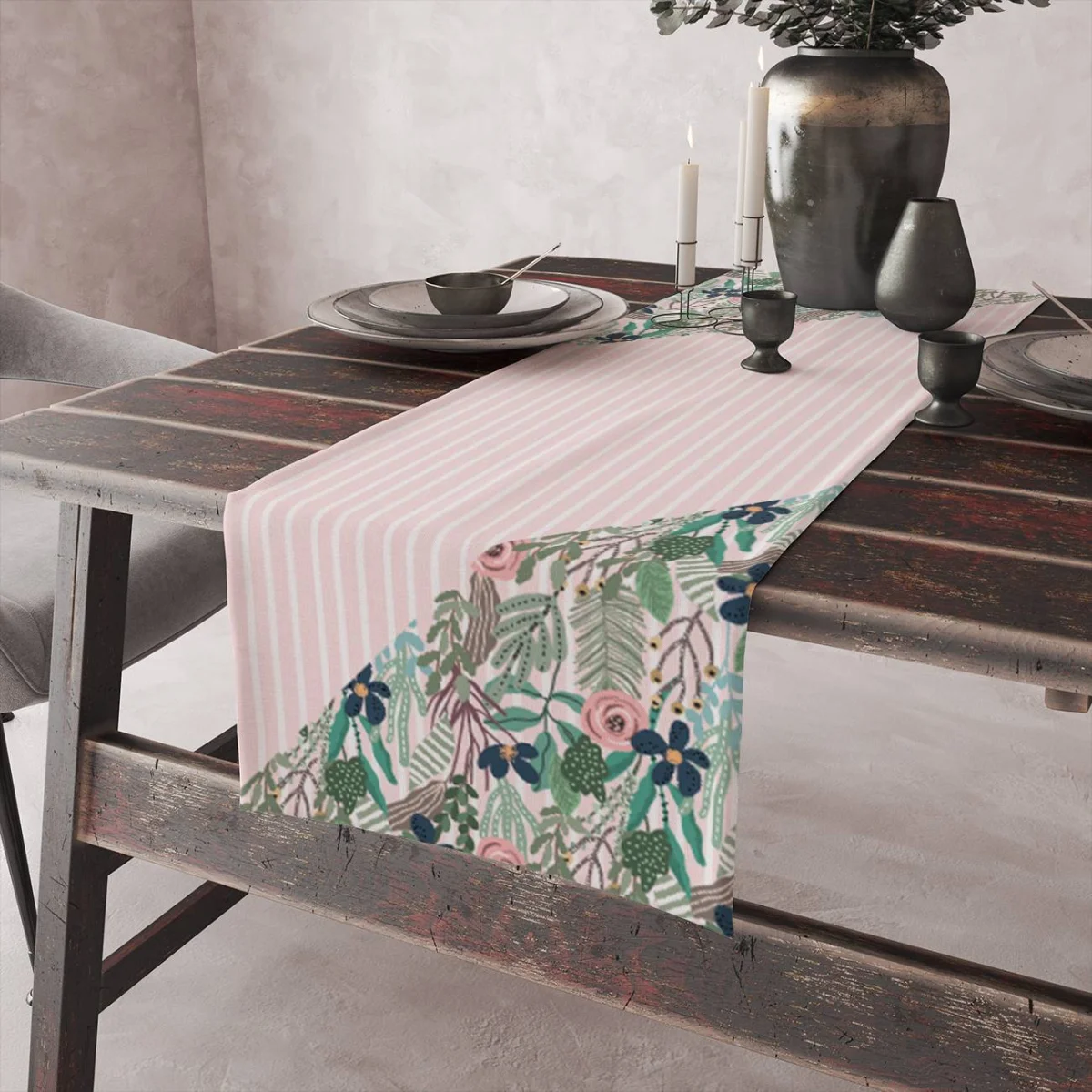 Çiçekler ve bitkiler Runner Yolluk | Pembe Çiçekler, yapraklar Desenli