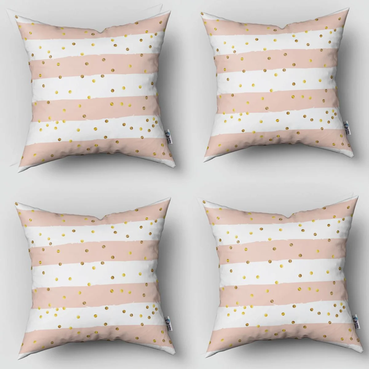 Soyut Desen 4lü Kırlent | Pembe Yatay şeritler ve altın puantiyeler Desenli