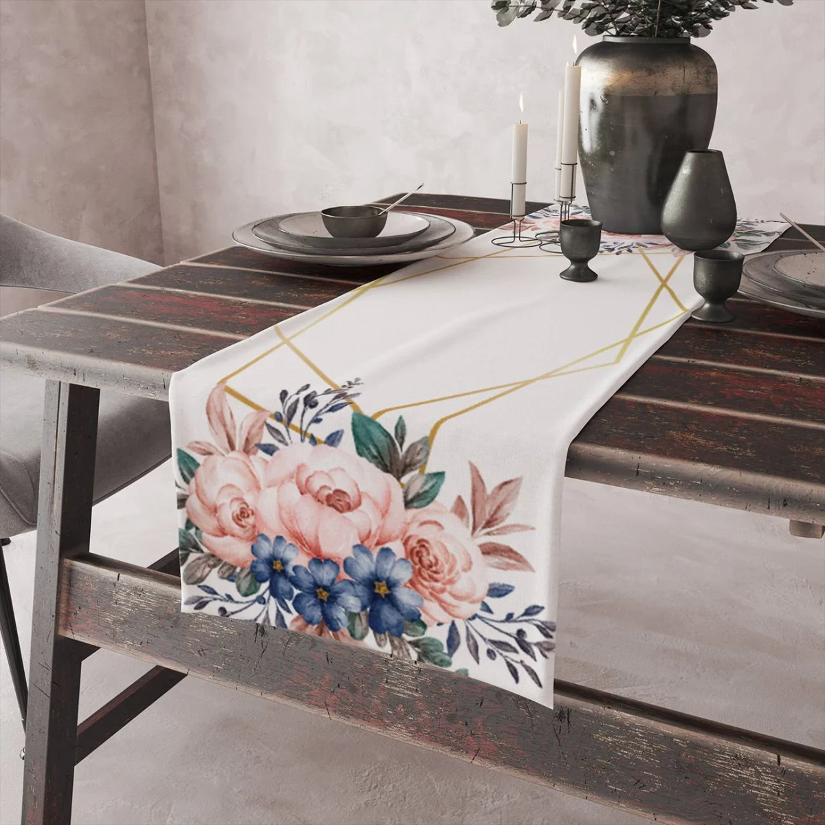 Çiçekli Runner Yolluk | Beyaz çiçekler, yapraklar Desenli