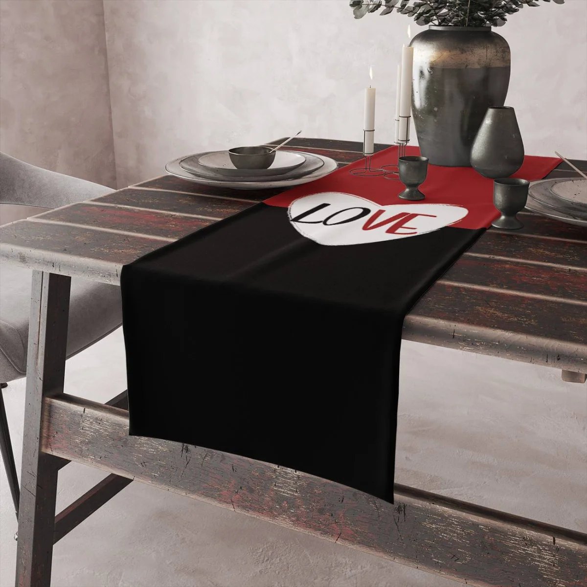 Aşk Runner Yolluk | Kırmızı, Siyah, Beyaz puantiyeli, fırça darbesi Desenli