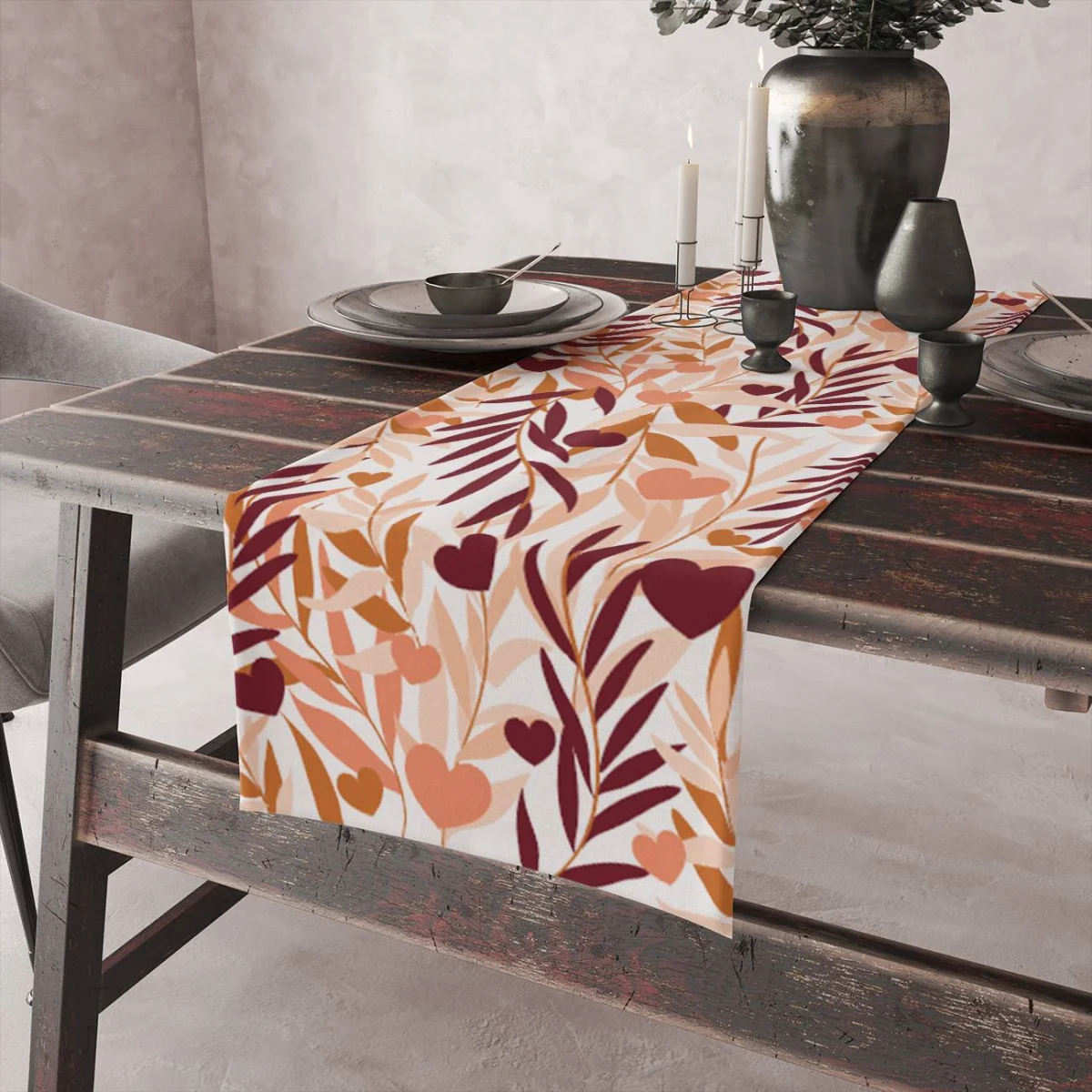 Aşk ve Botanik Runner Yolluk | Bordo Kalpler, yapraklar Desenli