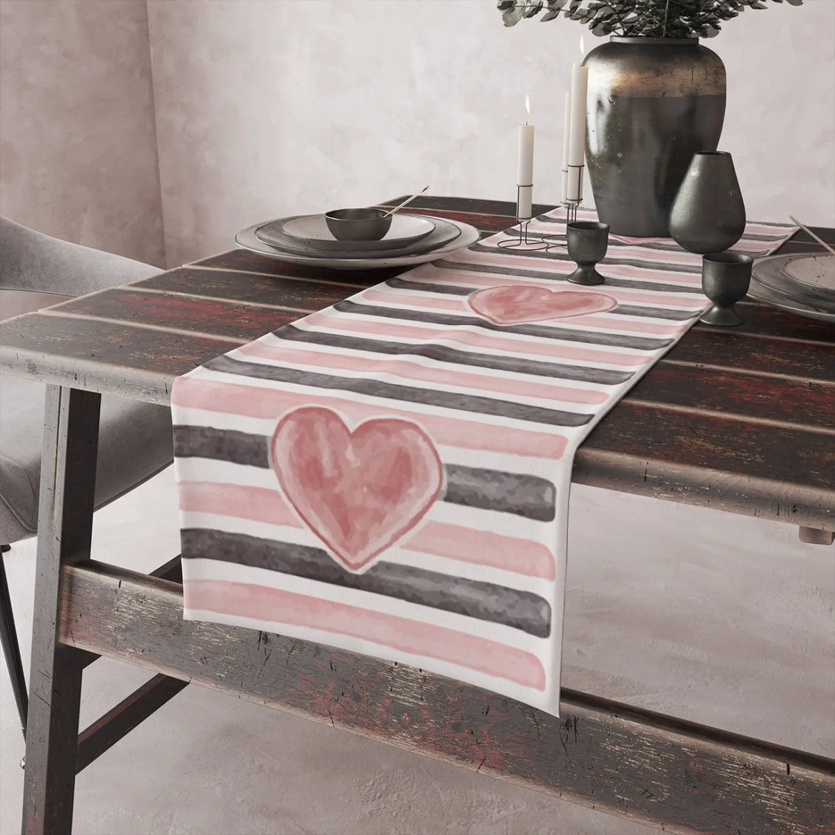 Aşk Runner Yolluk | Beyaz Kalpler, çizgiler Desenli