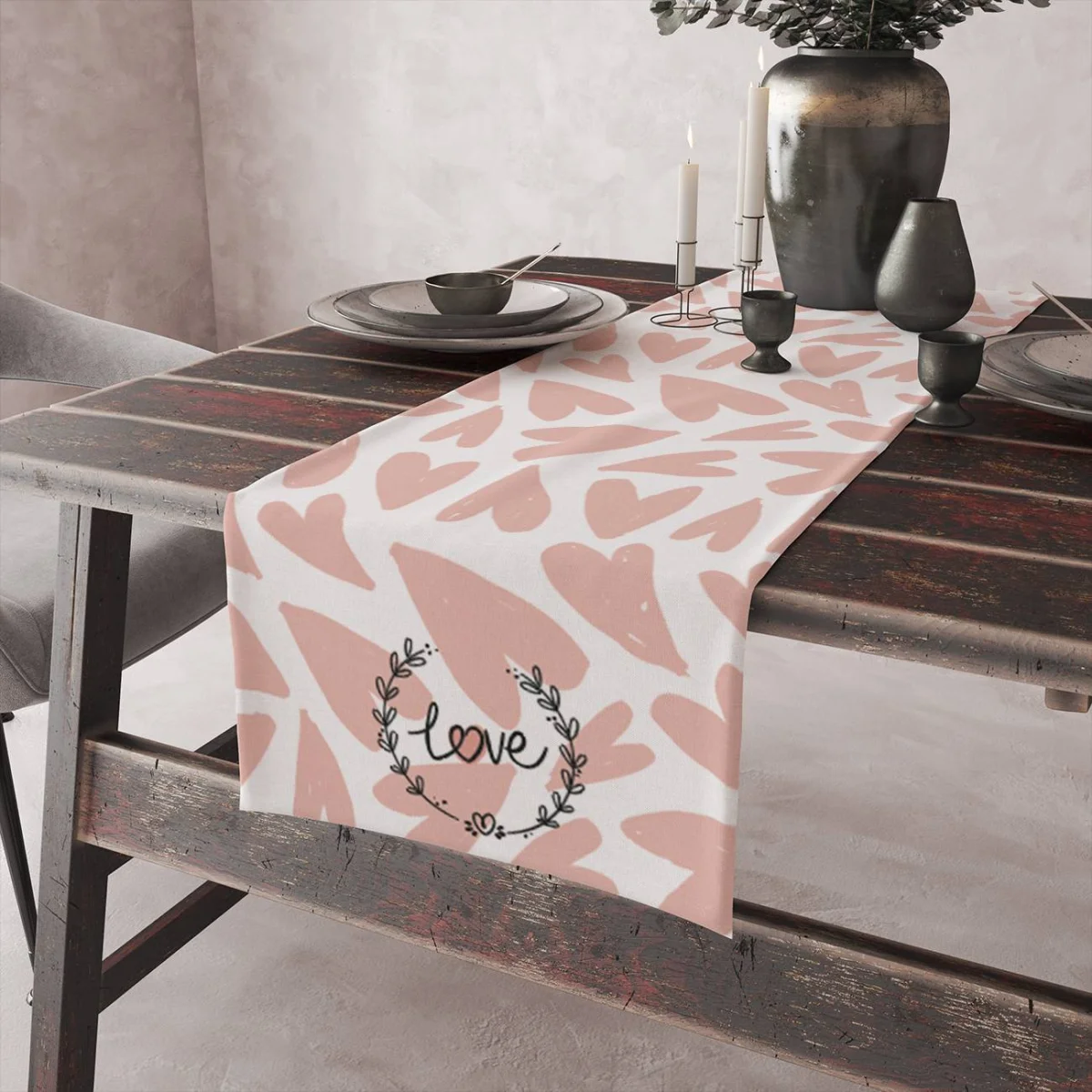 Aşk Runner Yolluk | Beyaz kalp, çizgili Desenli