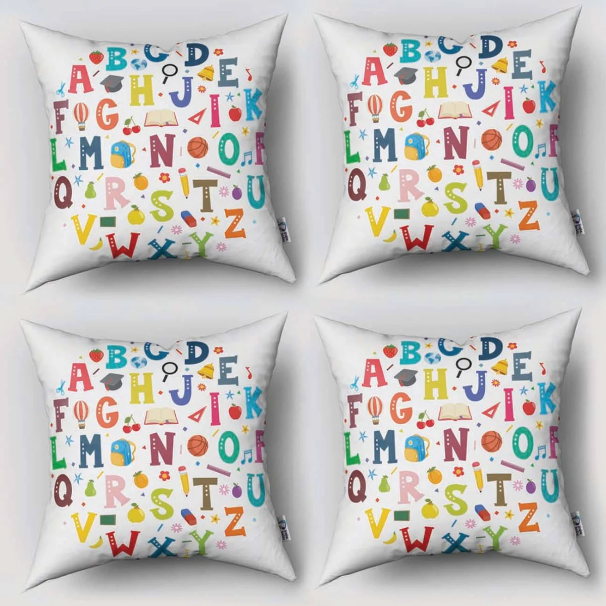 Alfabe 4lü Kırlent | Beyaz renkli harfler, eğitici objeler Desenli