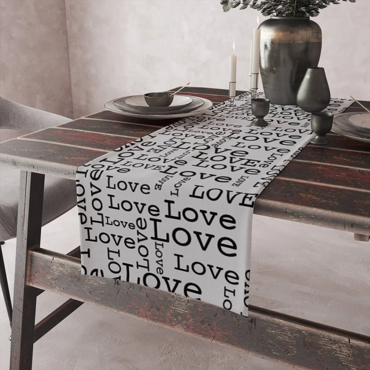 Aşk / Kalp Runner Yolluk | Beyaz küçük kalpler, 'LOVE' yazıları Desenli