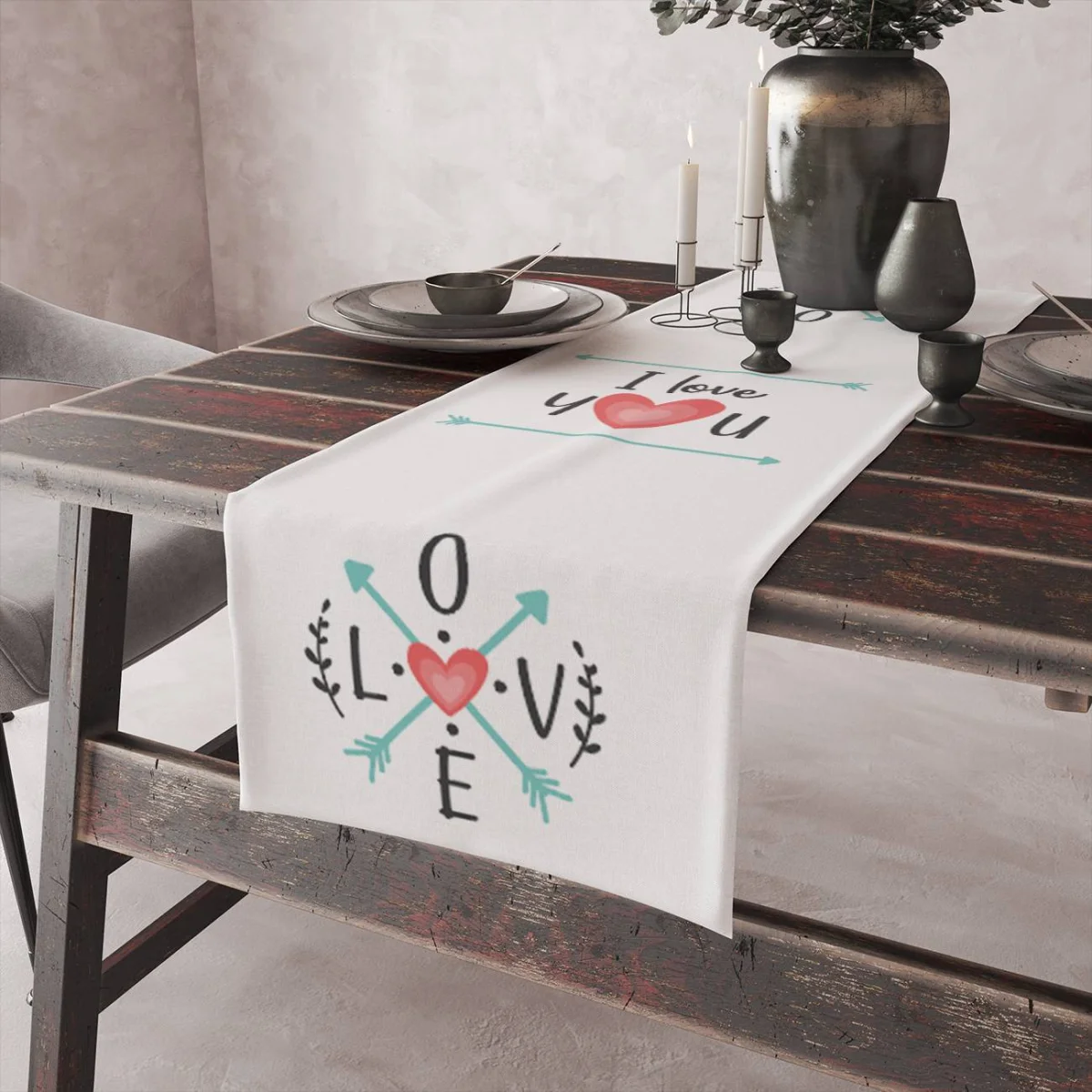 Sevgililer Günü Runner Yolluk | Beyaz kalp, ok Desenli