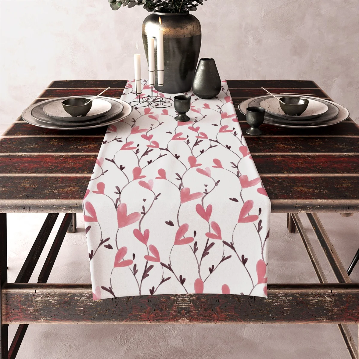 Kalpler Runner Yolluk | Beyaz Kalpler, dallar Desenli