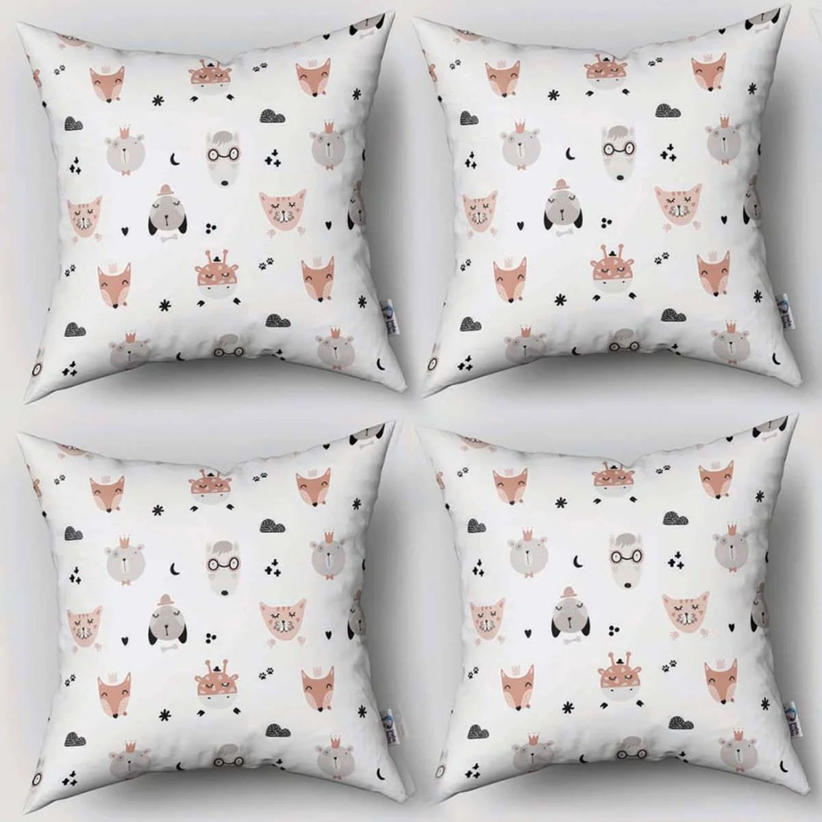 Hayvanlar 4lü Kırlent | Beyaz yıldız, bulut Desenli