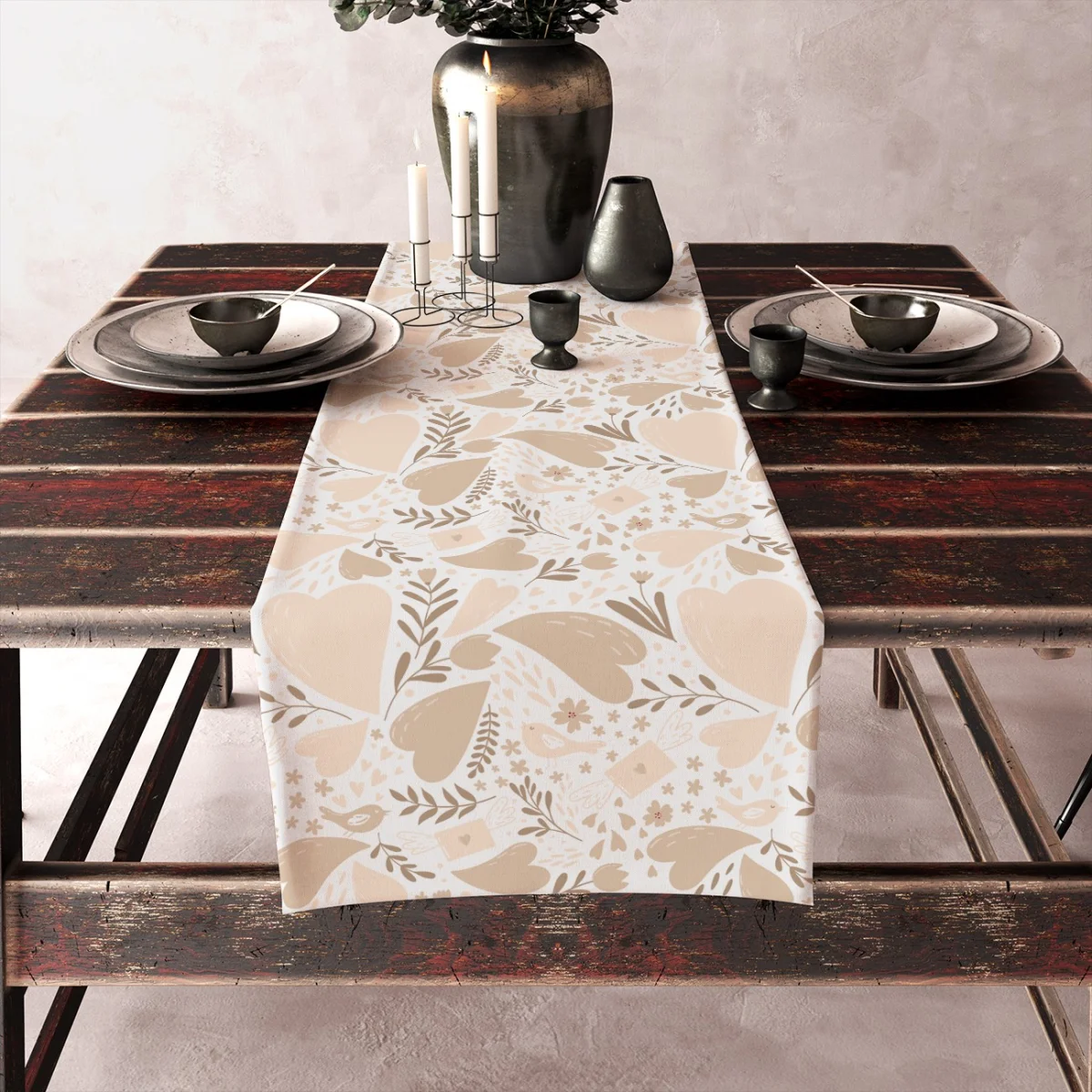 Aşk & Kalp Runner Yolluk | Bej bisiklet, kalpler Desenli