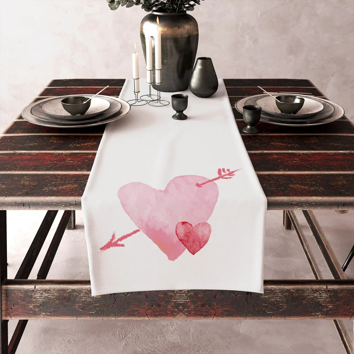 Kalp Runner Yolluk | Beyaz suluboya kalpler, oklar Desenli