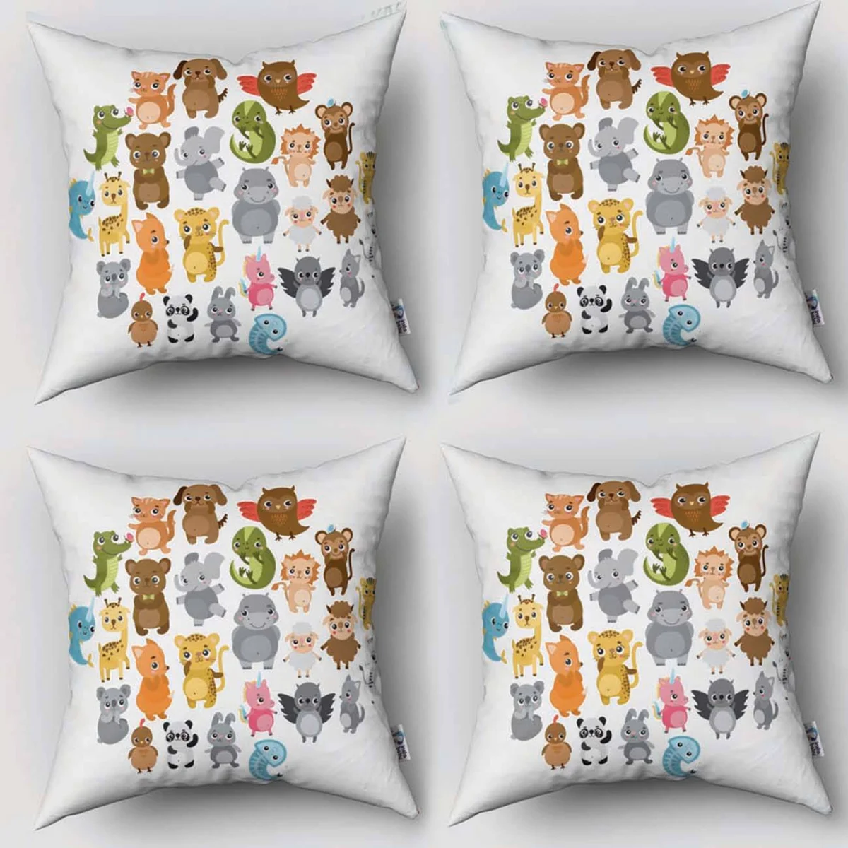 Orman Hayvanları 4lü Kırlent | Beyaz Çoklu sevimli hayvan figürleri Desenli