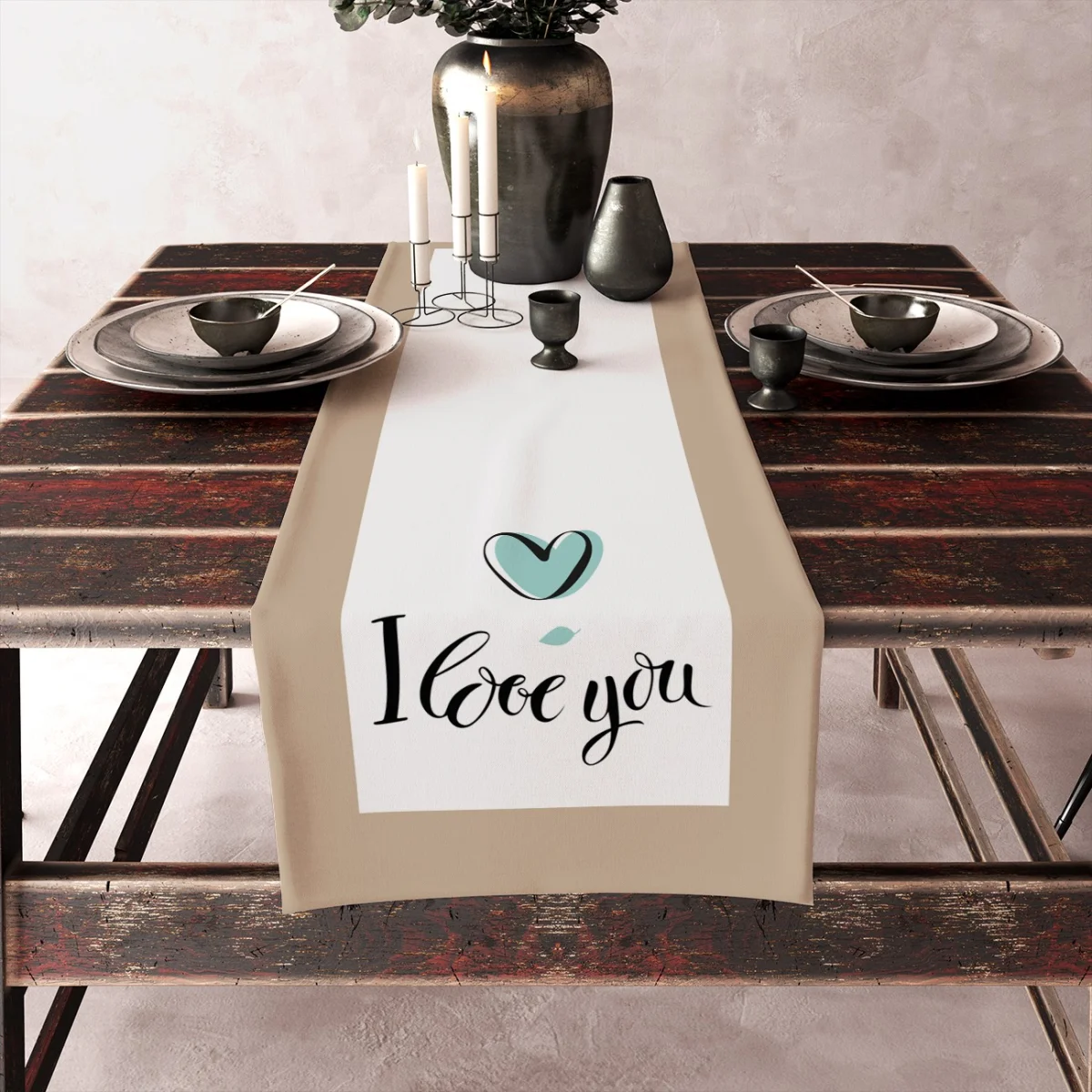 Aşk Runner Yolluk | Beyaz, Bej, Su Yeşili kalp, 'I love you' yazısı Desenli