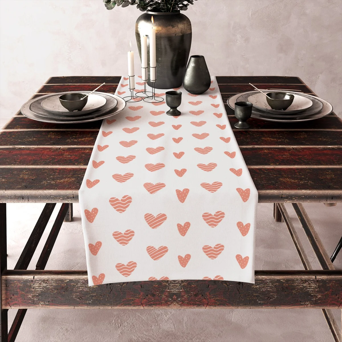 Kalp Runner Yolluk | Açık Mavi, Mercan, Beyaz çizgili kalpler, kafes desen Desenli