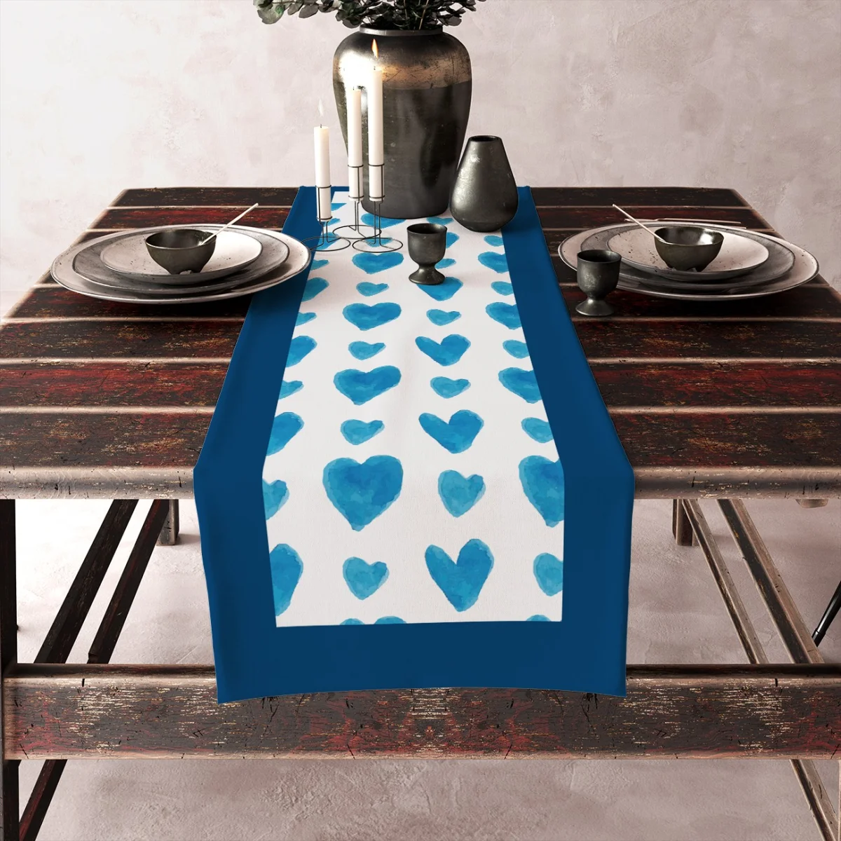 Aşk ve Yıldızlar Runner Yolluk | Mavi, Beyaz sulu boya kalp, yıldız Desenli