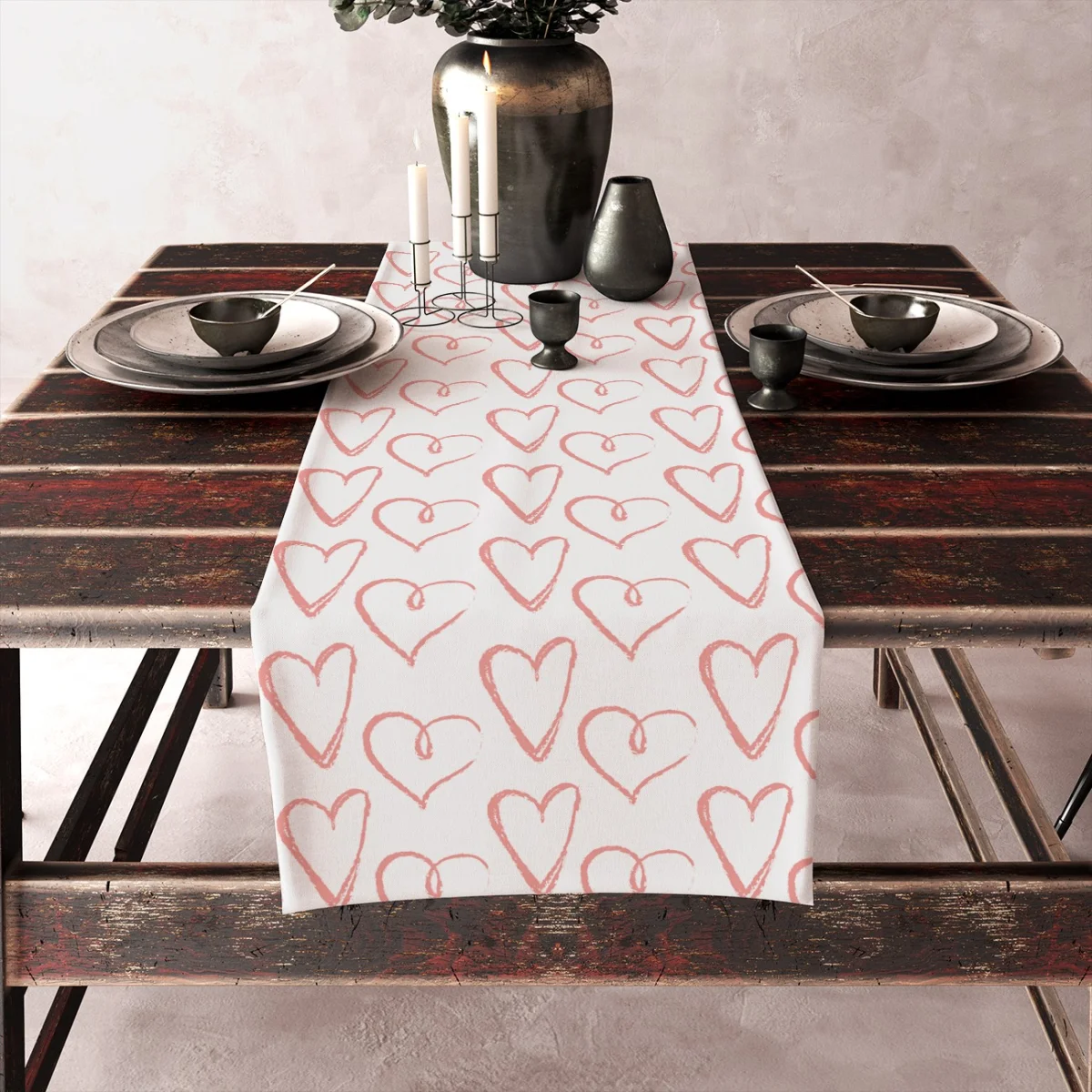 Kalp Runner Yolluk | Beyaz Farklı çizim tarzlarında pembe ve siyah kalpler Desenli