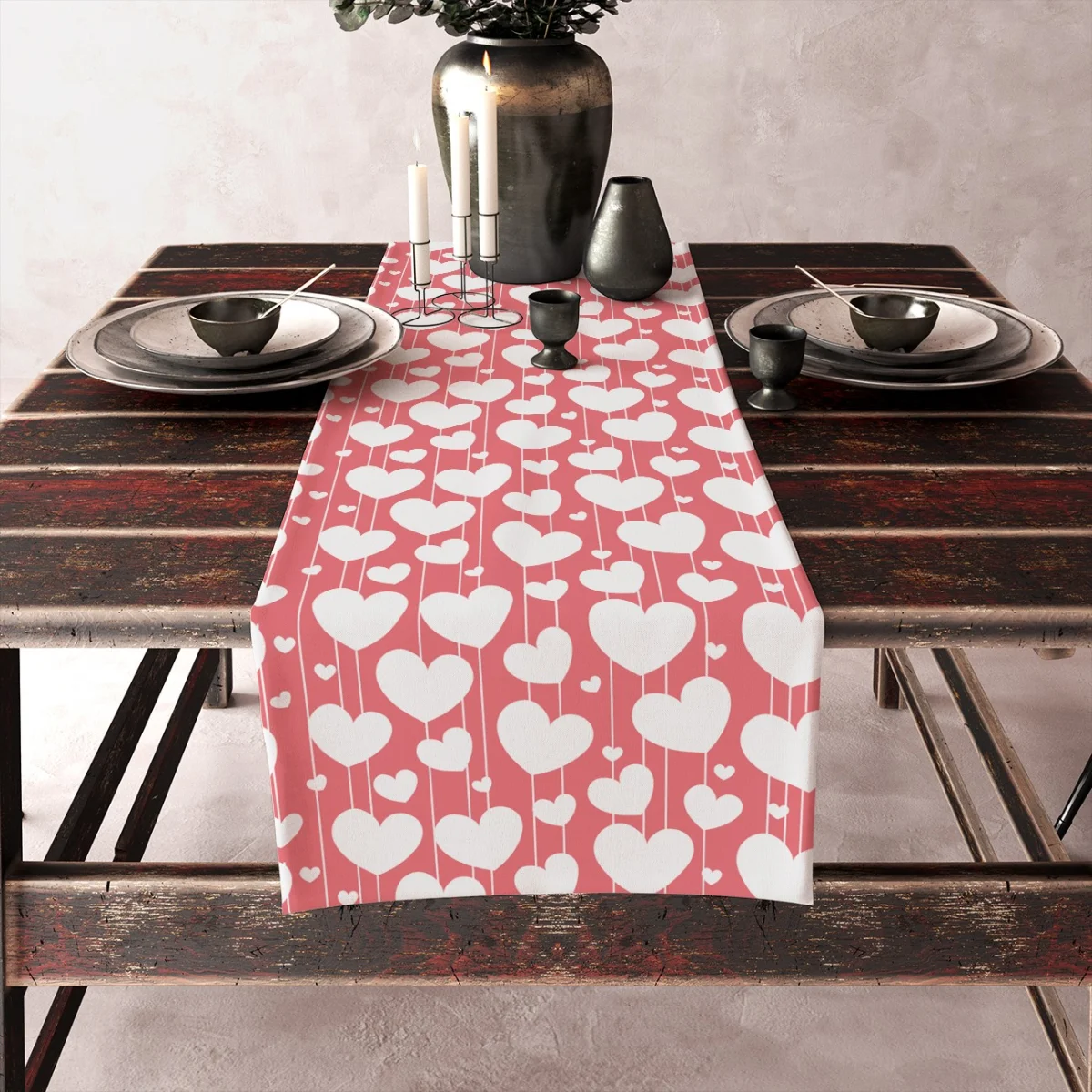 Kalp Runner Yolluk | Mavi, pembe, beyaz farklı boyutlarda kalpler, çizgiler Desenli