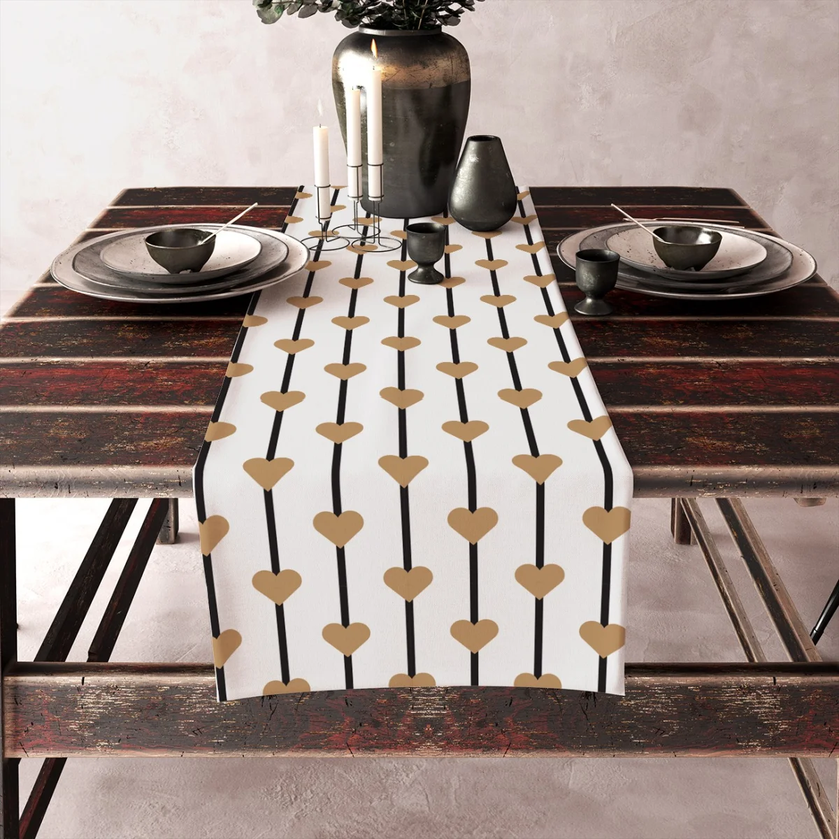 Aşk Runner Yolluk | Siyah Kalp motifleri, çizgiler Desenli