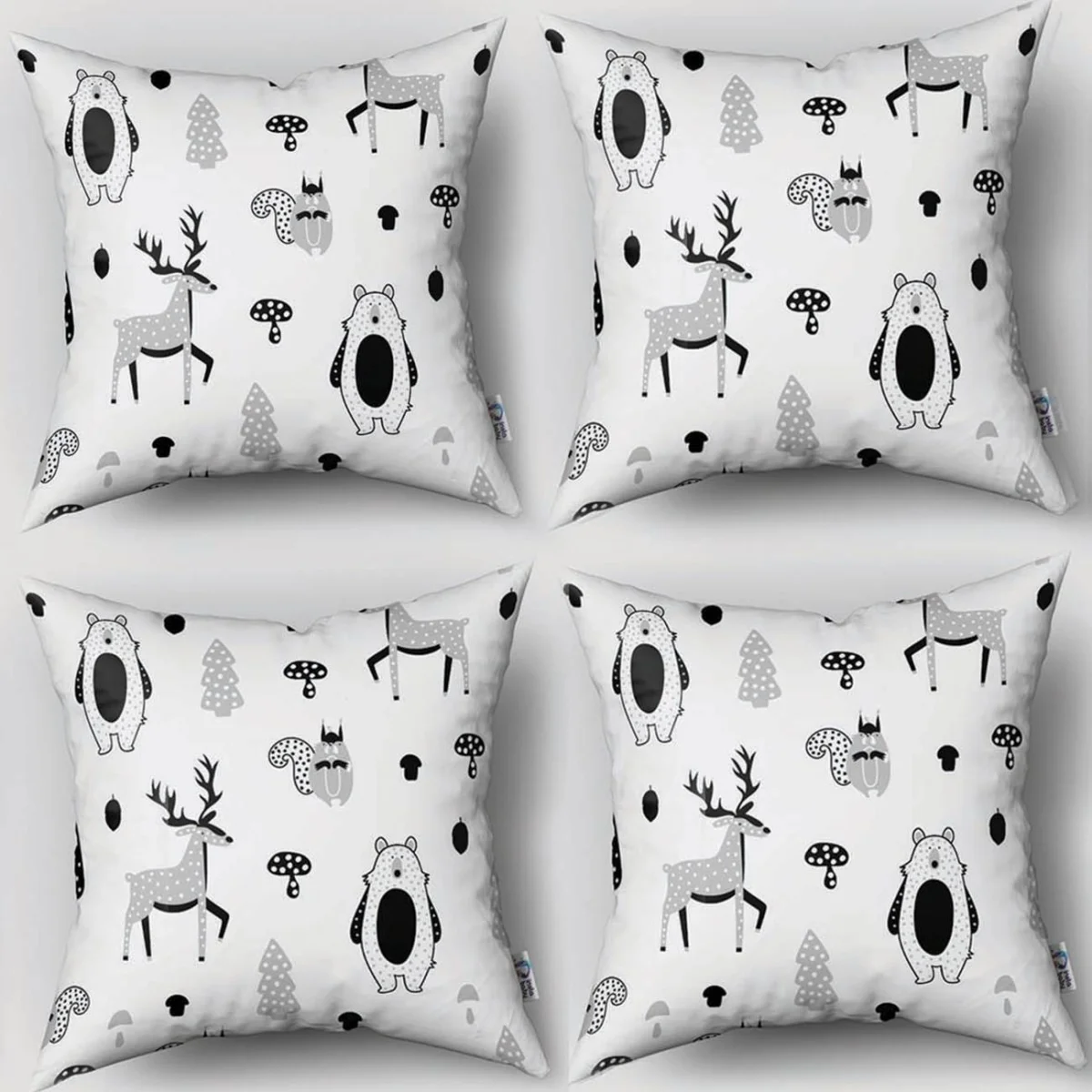 Orman Hayvanları 4lü Kırlent | Beyaz ağaç, mantar Desenli