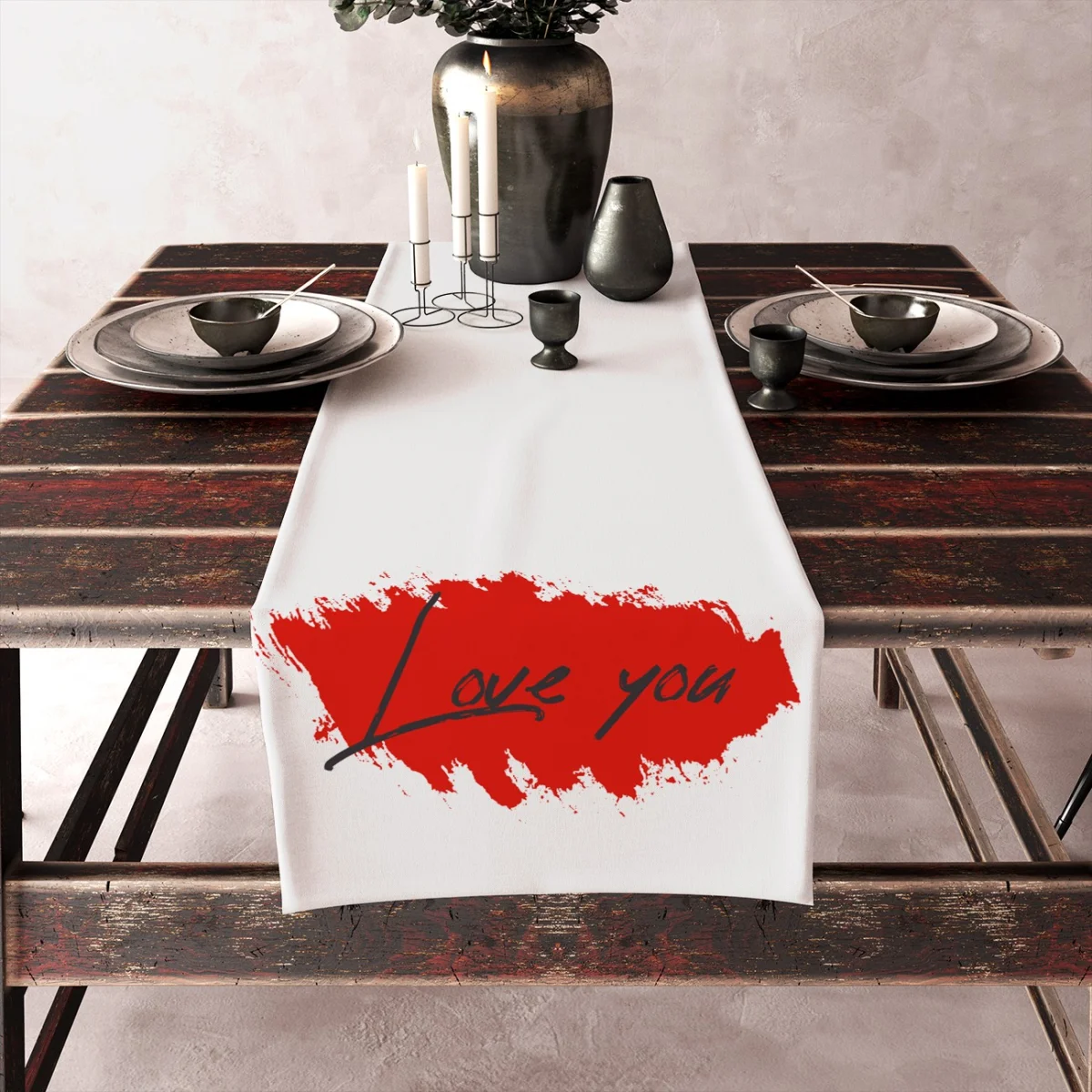 Aşk temalı Runner Yolluk | Beyaz kalpler, çift Desenli