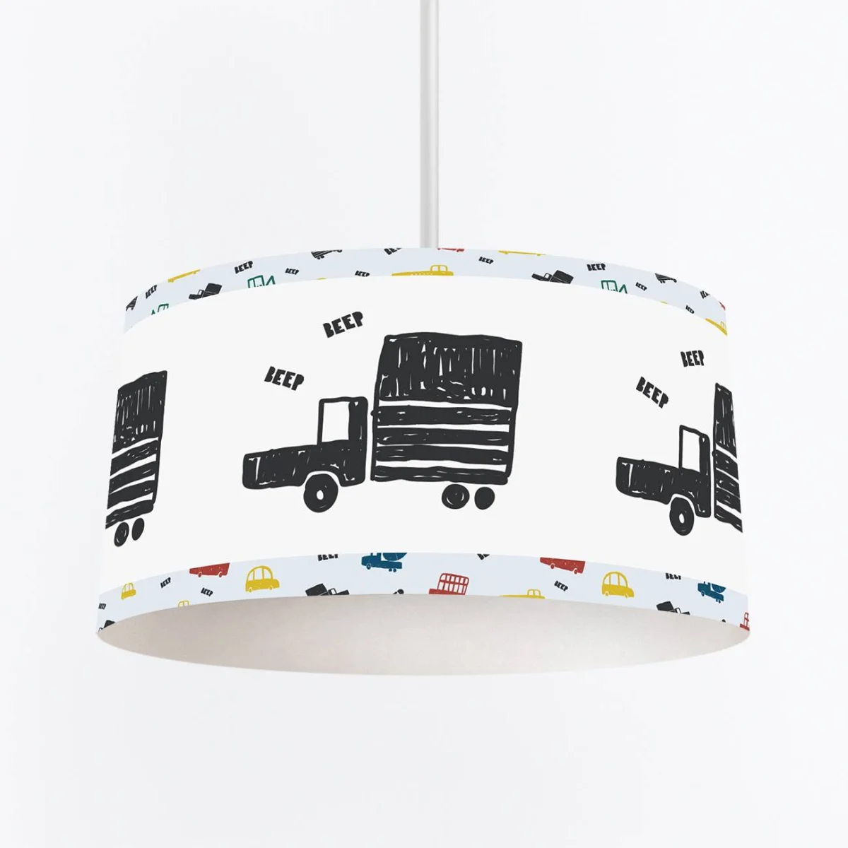 İnşaat Araçları, Taşıtlar Sarkıt Avize | Beyaz BEEP yazıları, renkli kamyon Desenli