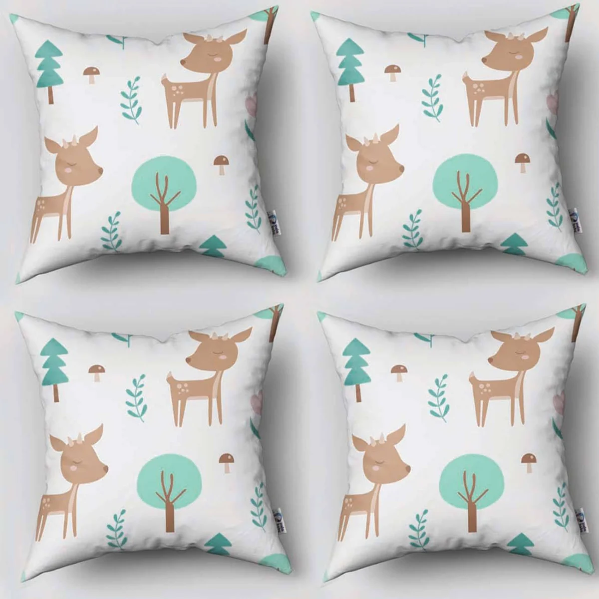 Orman Hayvanları 4lü Kırlent | Beyaz geyik, ağaç Desenli