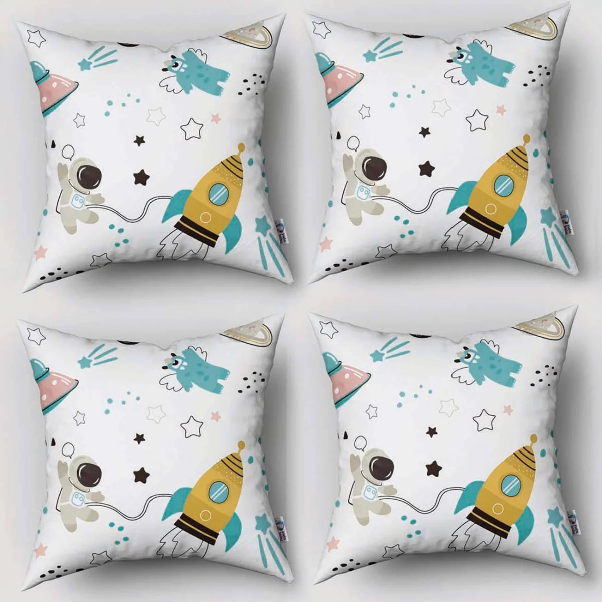 Uzay 4lü Kırlent | Beyaz roket, astronot Desenli