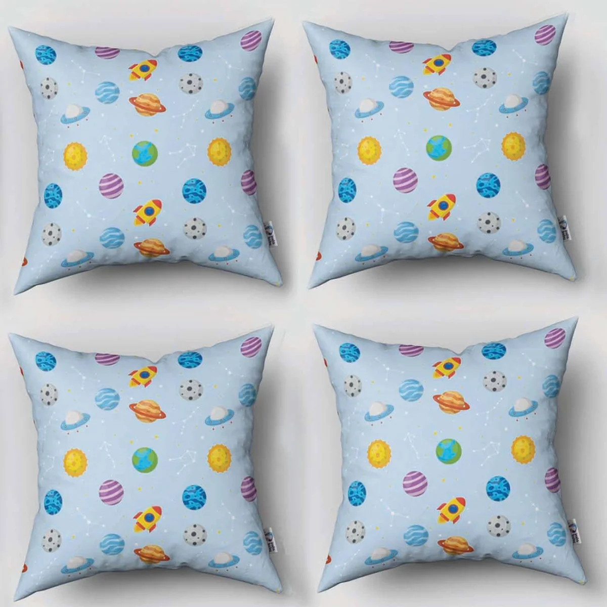 Uzay 4lü Kırlent | Mavi gezegenler, roketler Desenli
