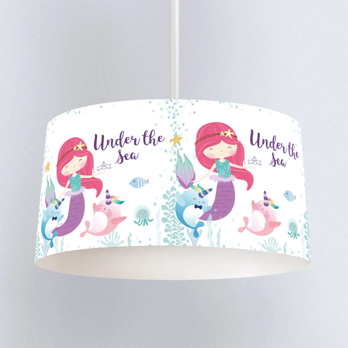 Deniz Kızı ve Deniz Altı Sarkıt Avize | Beyaz Deniz kızı, narval Desenli