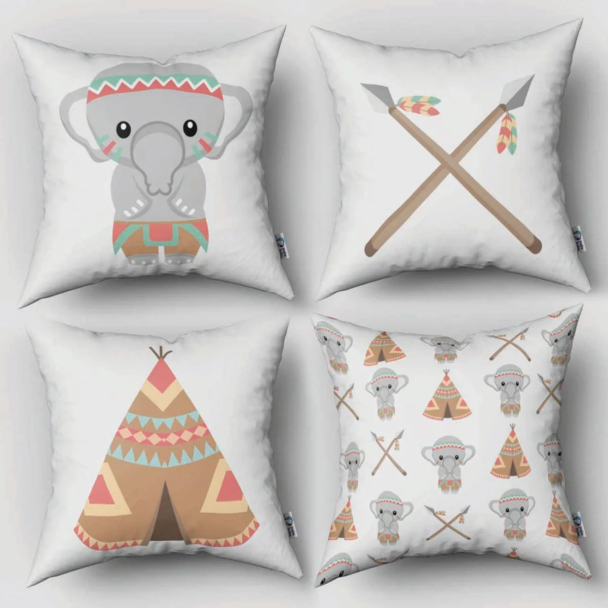Yerli Temalı Filler 4lü Kırlent | Beyaz geometrik desenler, oklar Desenli