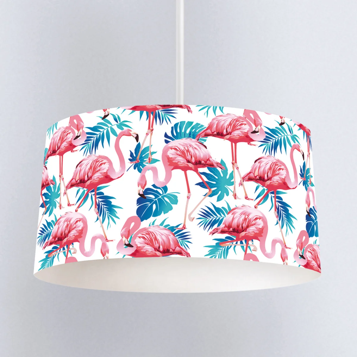 Flamingolar Sarkıt Avize | Beyaz Tropikal yapraklar, pembe hibiskus çiçekleri Desenli