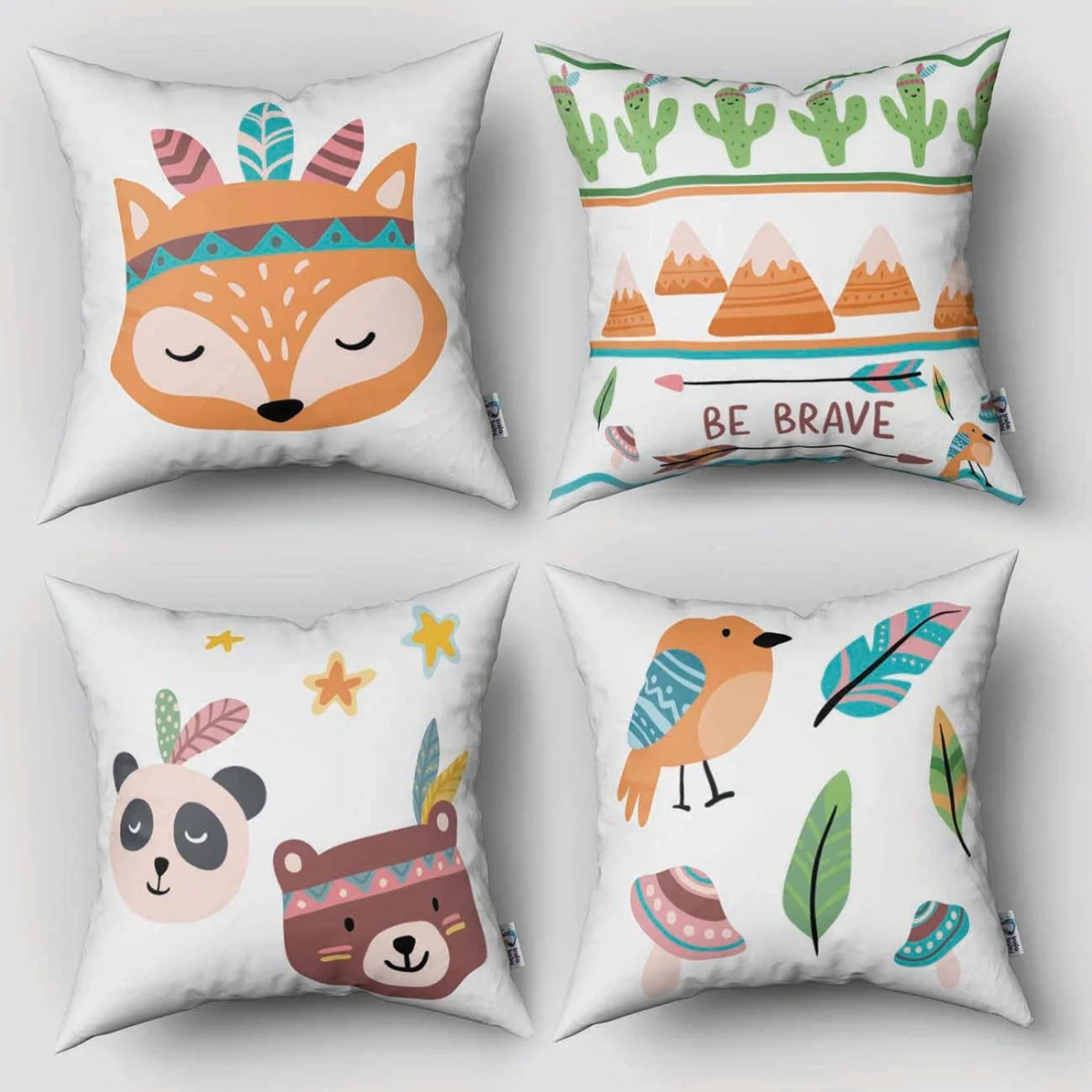 Orman Hayvanları 4lü Kırlent | Beyaz tüyler, kaktüsler Desenli